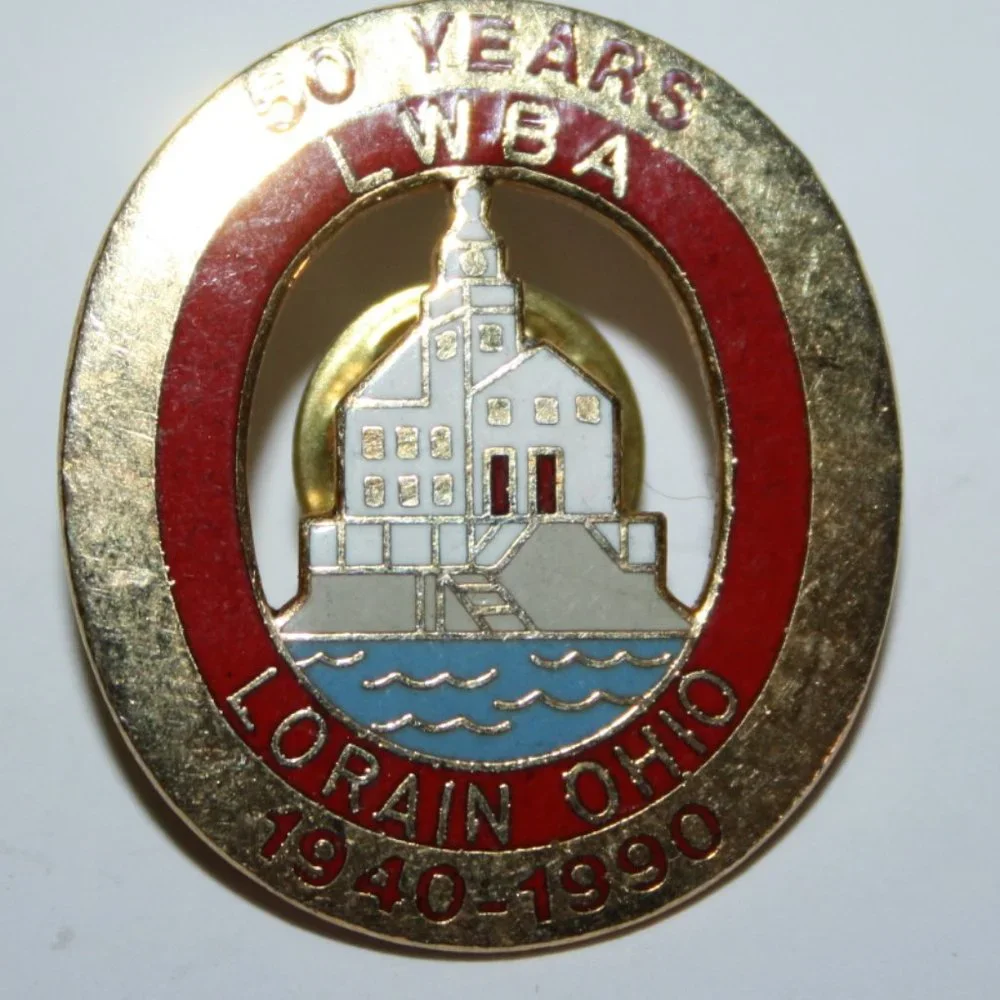 Gold and red lapel pin 50 years LWBA Lorain Ohio 1940-1990 1.25